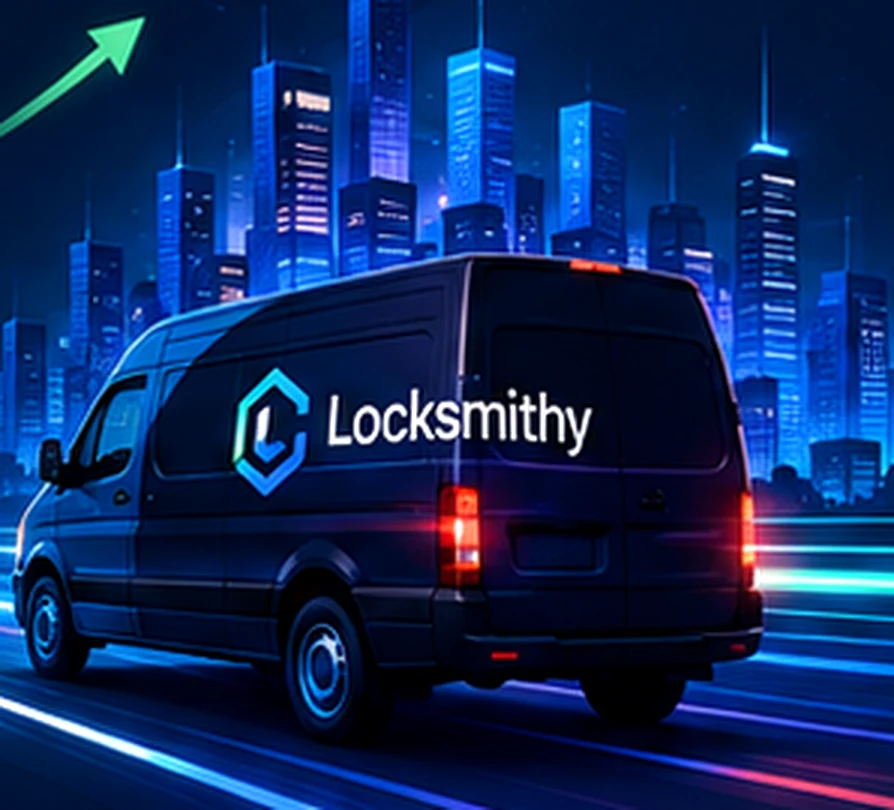 Locksmithy branded service van in a modern city scene